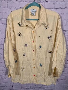 The Quacker Factory Womens Bee Embroidered Button Up Butter Yellow Sz 2X Casual